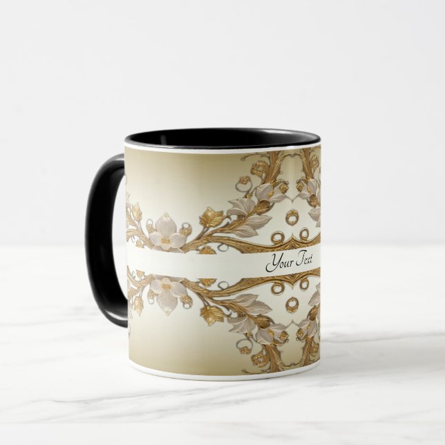 Caneca Dourada Decorativa com Flores Brancas (Frente Esquerda)