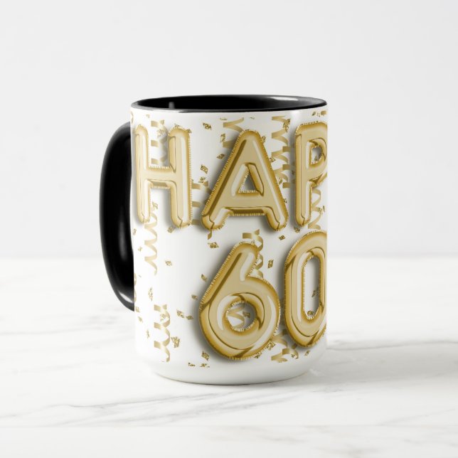 Caneca Dourado Feliz 60º Aniversário (Frente Esquerda)