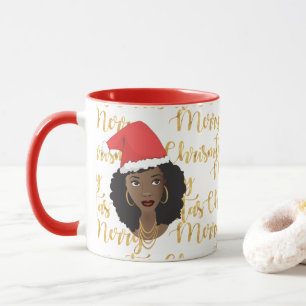 Caneca Dourado Feliz Natal, Mulher Negra, Red Santa Hat