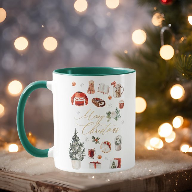 Caneca Dourado Feliz Natal Saudação Cozy Winter Collage (Criador carregado)