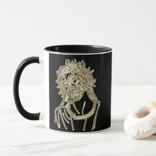 Caneca Dourado Jesus a olhar para o deus brilhando