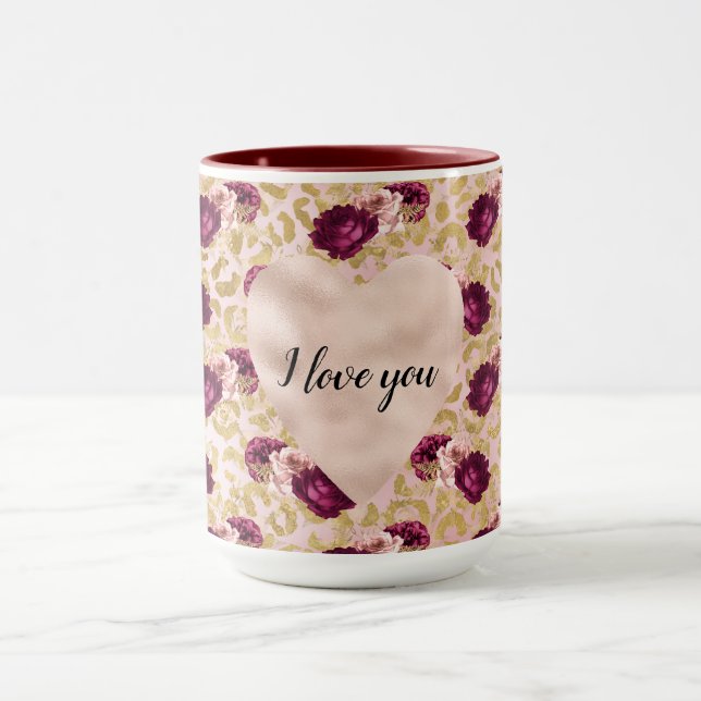 Caneca Dourado Leopardo Imprime Rosas Rosa Coração Floral (Centro)