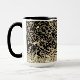 Caneca Dourado Lotus Mandala Dourada Stars Glitter em Pre