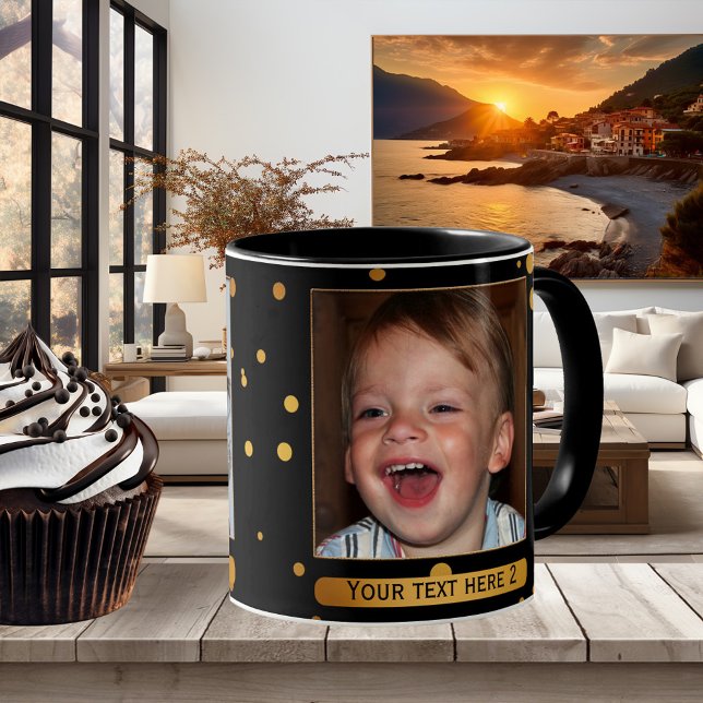 Caneca Dourado no Black Confetti Personalized Photo Mug (Festive photo mug in black with gold confetti dots and your own favorite photos)