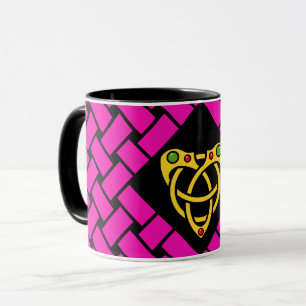 Caneca Dourado/rosa/bandas pretas/weave, nó celta do
