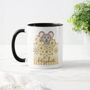 Caneca Dourado Stripe Cute Cartoon Baby Koala Kids Name