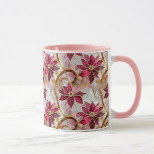 Caneca Dourados Swirls Borgonha Rosa Poinsettias de Natal