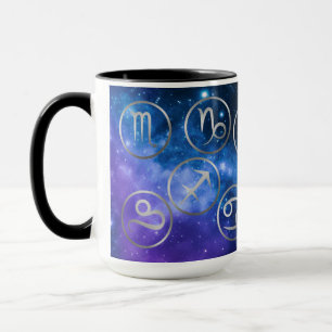 Caneca Doze Cinzas Símbolos Zodiacos na galáxia azul