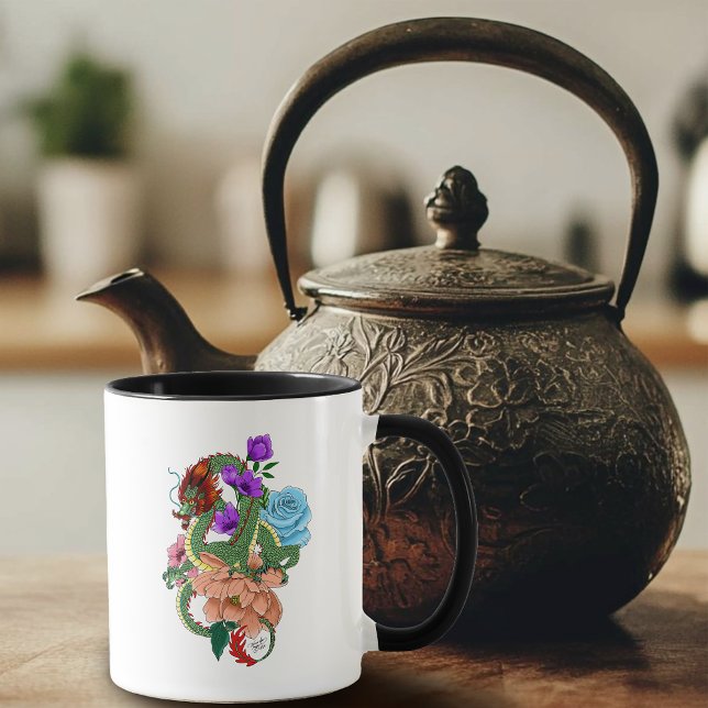 Caneca Dragão Chinês Verde Místico Floral Azul Marinho (Criador carregado)
