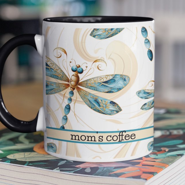 Caneca Dragões no padrão de voo em Aqua e Dourados (Cute dragonfly pattern on two toned customizable coffee mug in aqua and gold for Mother's Day. )