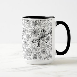 Caneca Dragonfly e flores rabisco