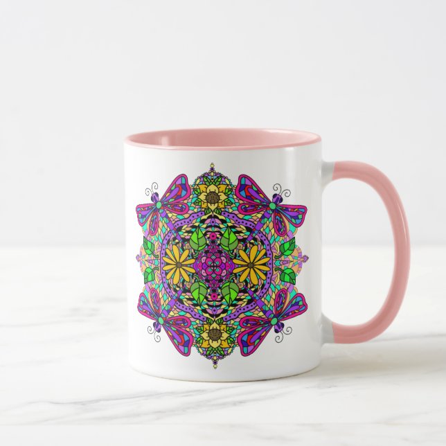 Caneca Dragonfly e Flores Roxos e Rosa Mandala Mug (Direita)