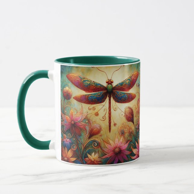 Caneca Dragonfly Floral Abstrato-Art Teal Rosa (Esquerda)