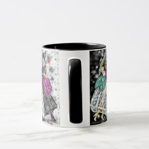 Caneca Duas Damas em Vestidos Modernos Pretos e Brancos