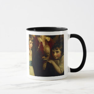 Caneca Duas meninas, uma que joga com uma máscara,