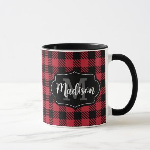 Caneca Duas Tone Red Black Buffalo Xadrez Monograma Mug
