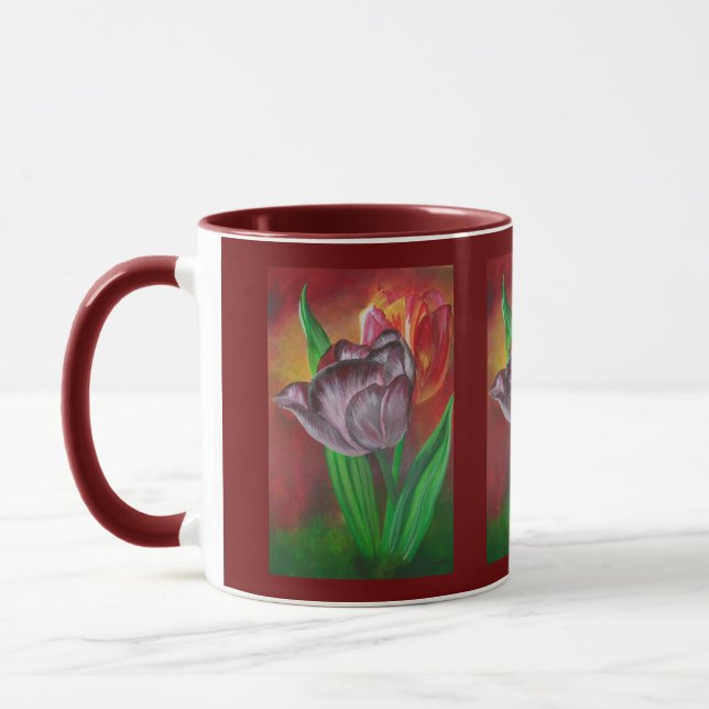 Caneca Duas Tulipas Contra Fundo Vermelho (Esquerda)