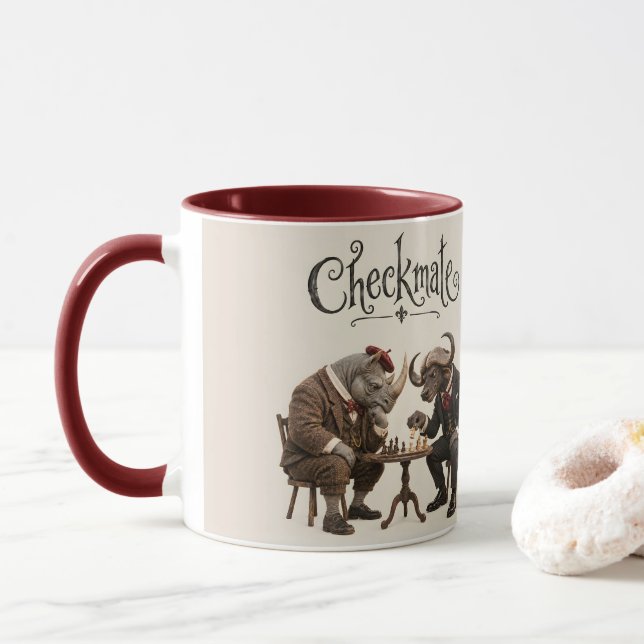 Caneca Duelo de Xadrez de Rinoceronte e Búfalo (Com Donut)