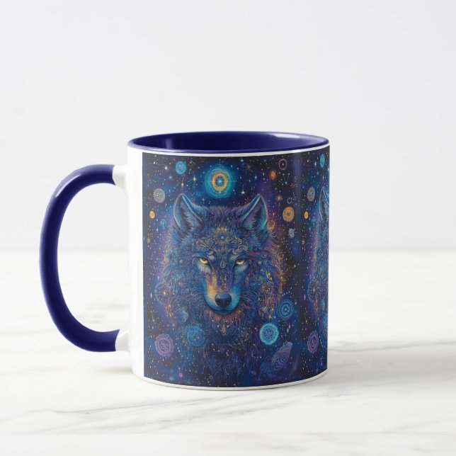Caneca Dunkler Wolf mit Mandala magischer Sternenhimmel (Esquerda)