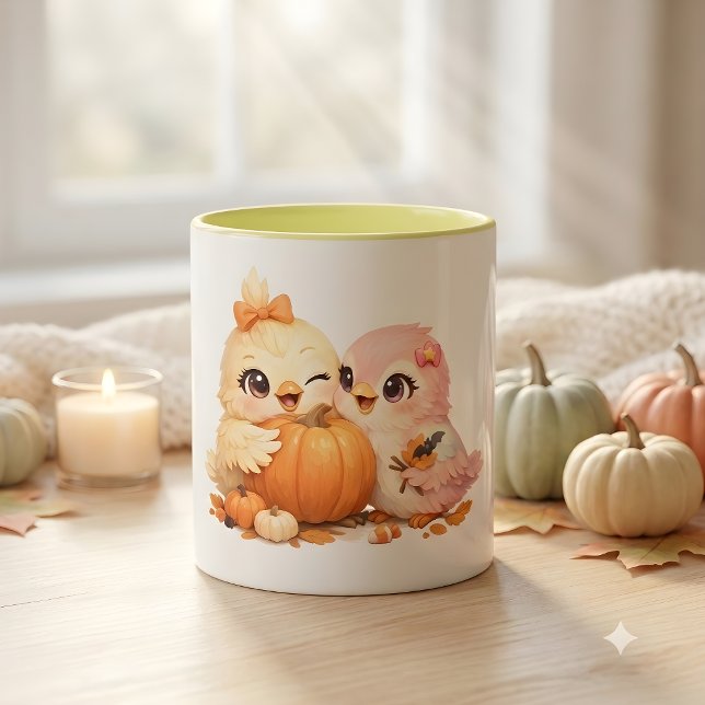 Caneca Duo de Pássaros Amigáveis no Abóbora de Halloween (Criador carregado)