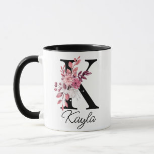 Caneca Dusty Rosa Mauve Floral Letra K Monograma Inicial