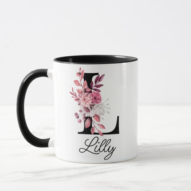 Caneca Dusty Rosa Mauve Floral - Letra L Monograma Inicia (Esquerda)
