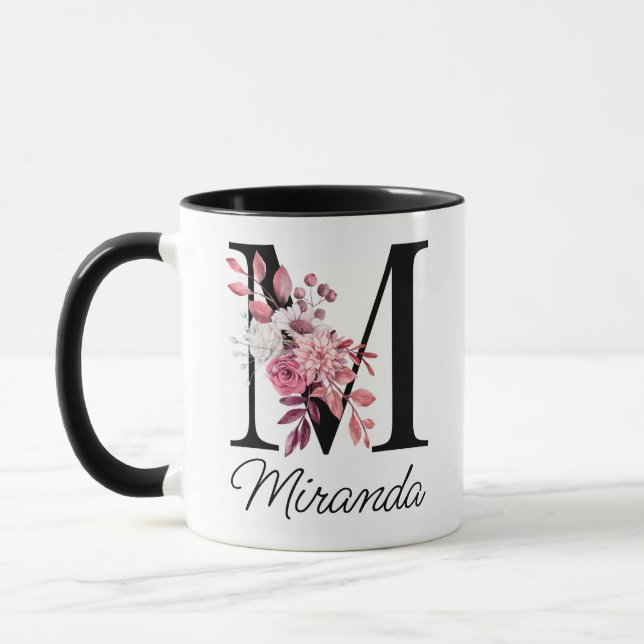 Caneca Dusty Rosa Mauve Floral M Monograma Inicial (Esquerda)