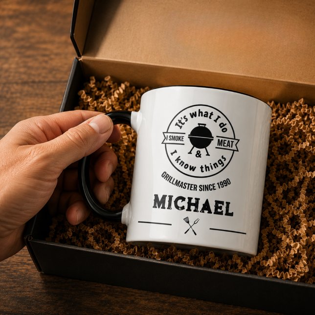 Caneca É o que eu faço, eu fumo carne e eu sei das coisas (barbeque for him grill master grillmaster mugs chef men funny quote saying humor dad holiday gift)