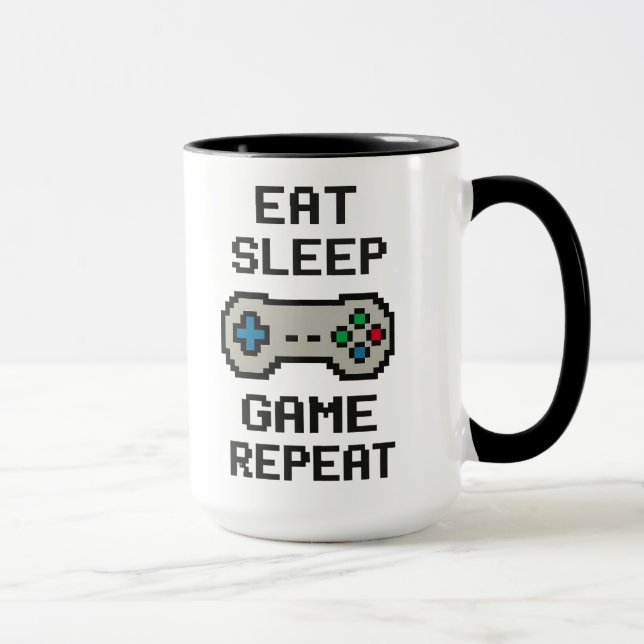 Caneca Eat Sleep Game Repeat – Gamer Pixel Art Mug (Direita)