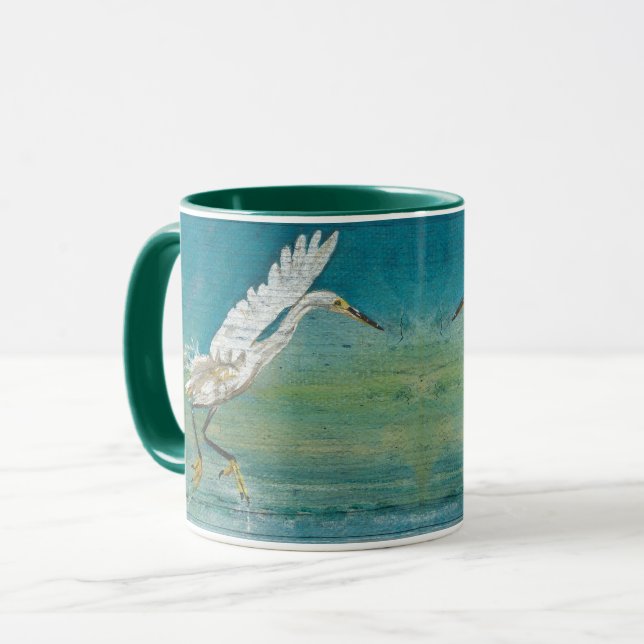Caneca Egret Bird Ocean Teal Art (Frente Esquerda)