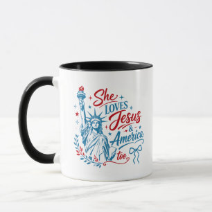 Caneca Ela Ama Jesus e a América Também 4 de Julho Cristo