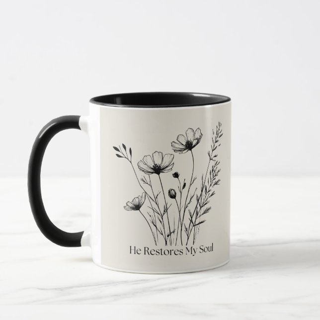 Caneca Ele Restaura Minha Alma Design Minimalista (Esquerda)