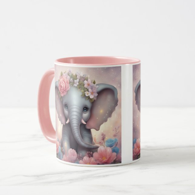 Caneca Elefante Adorável para Bebês com Flores (Frente Esquerda)