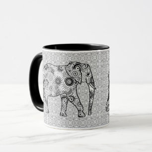Caneca Elefante de espiral fractal - cinzas, preto e bran