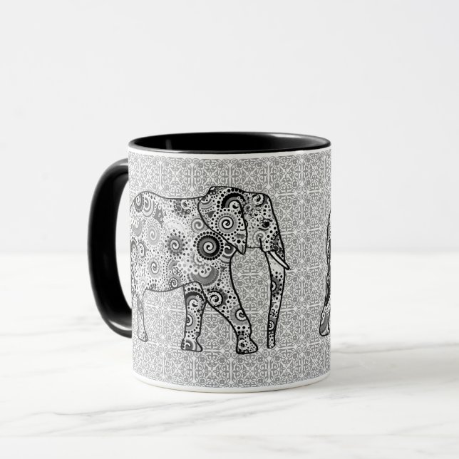 Caneca Elefante de espiral fractal - cinzas, preto e bran (Frente Esquerda)