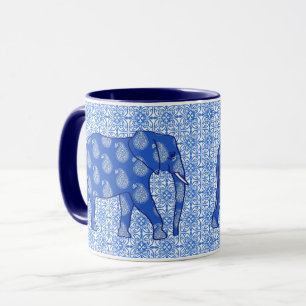 Caneca Elefante de Paisley - azul de cobalto e branco