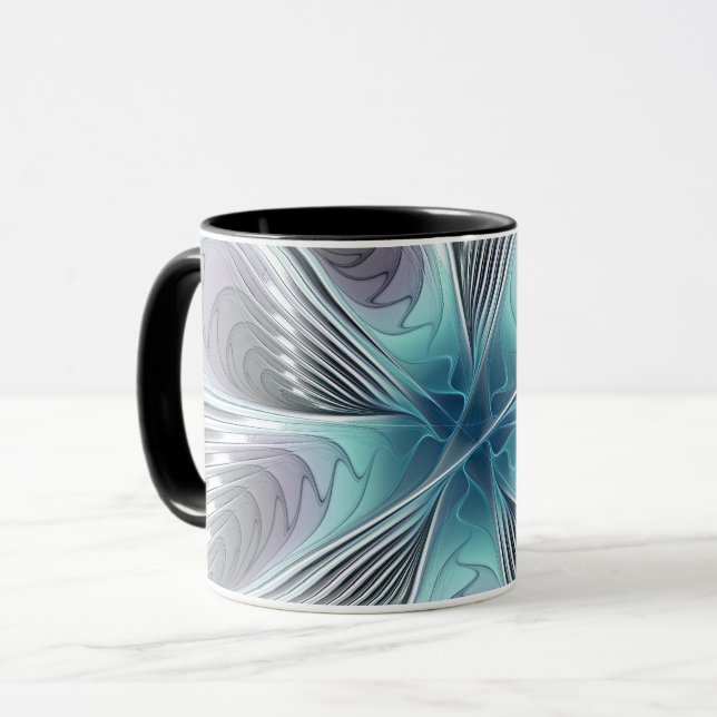 Caneca Elegance Modern Blue Cinza White Fractal Art Flowe (Frente Esquerda)