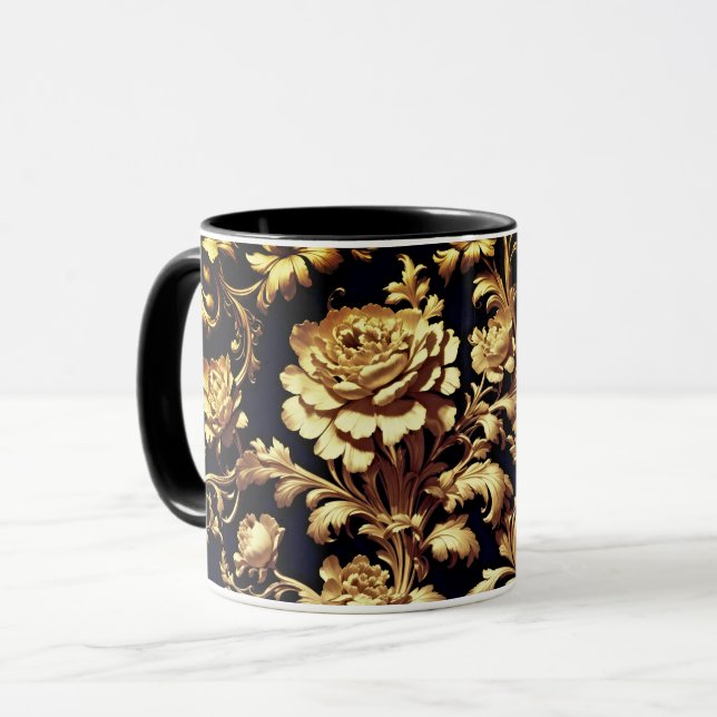 Caneca Elegância Personificada: Preto e Dourado Floral (Frente Esquerda)