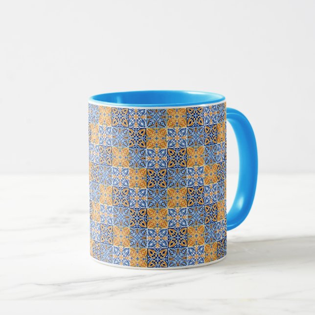Caneca Elegant blue& brow yellow Italian  pattern  (Frente Esquerda)
