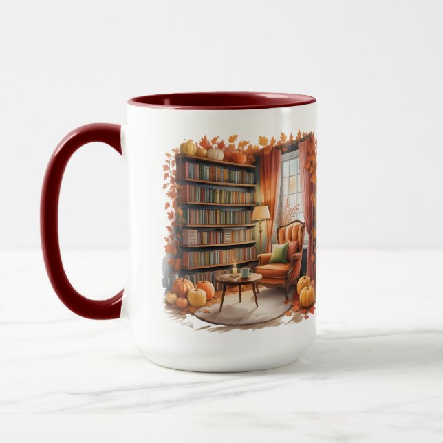 Caneca Elegant Fall Bookshelf Mug — Cozy Curtain (Esquerda)