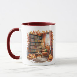 Caneca Elegant Fall Bookshelf Mug — Cozy Curtain