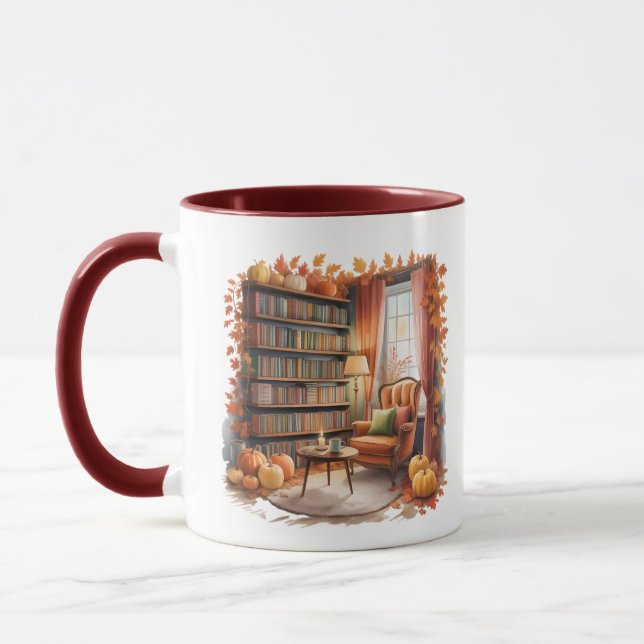 Caneca Elegant Fall Bookshelf Mug — Cozy Curtain (Esquerda)