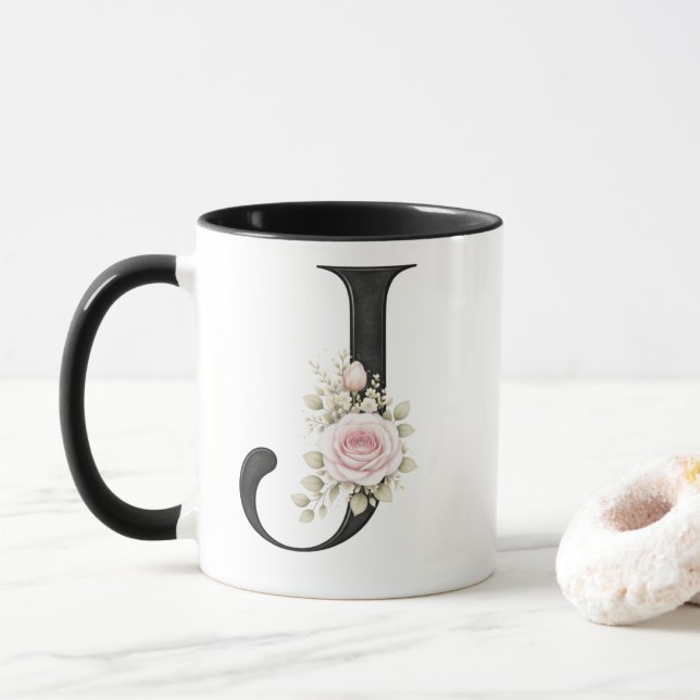 Caneca Elegant Floral Letter J Monogram Logo (Com Donut)