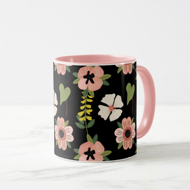 Caneca Elegant Floral Pattern on Black | Chic Botanical  (Frente Esquerda)