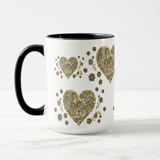 Caneca Elegant Gold Hearts & Floral Mug – Romantic Gift (Esquerda)
