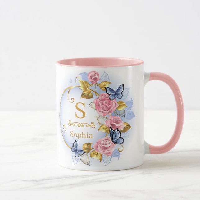 Caneca Elegant Initial Floral Butterfly Monogram and Name (Direita)