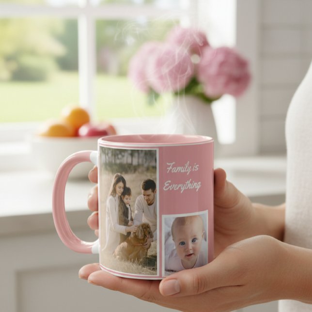 Caneca Elegant Modern Pink and White Mug with Family  (Criador carregado)