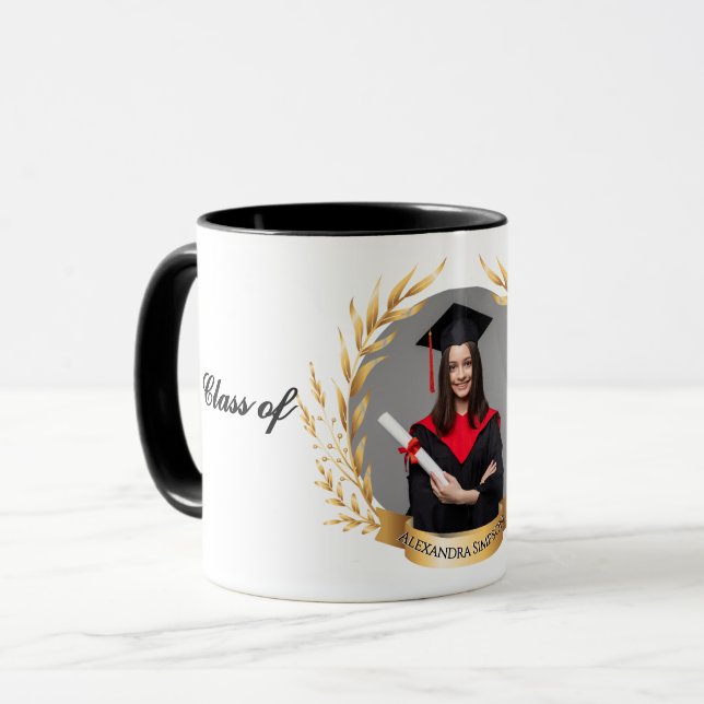 Caneca Elegant Photo Graduation Party Gold Laurels (Frente Esquerda)