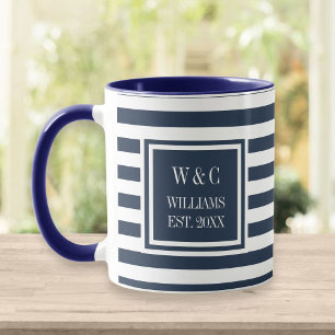 Caneca Elegante Azul Marinho Listra Branca Monograma Nome