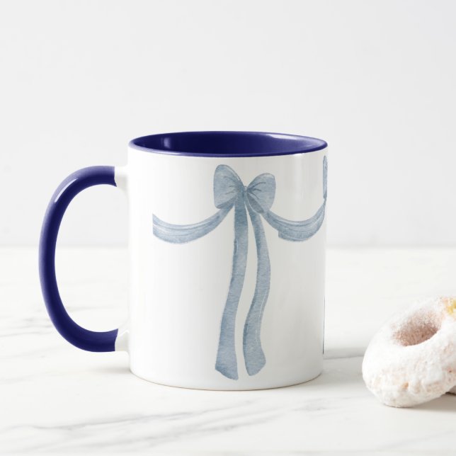 Caneca Elegante Blue Ribbon Satin Parece Bonito Girly Mug (Com Donut)